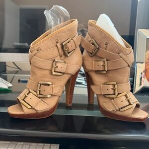 Women’s Taupe Strappy Buckle High Heel Booties
